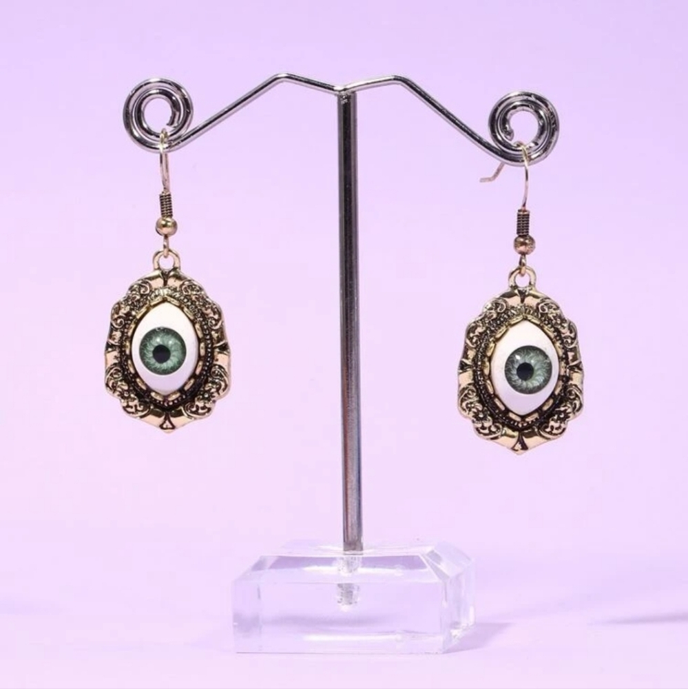 Gold Tone Blue Green Eyeball Eye Dangle Earring Earrings